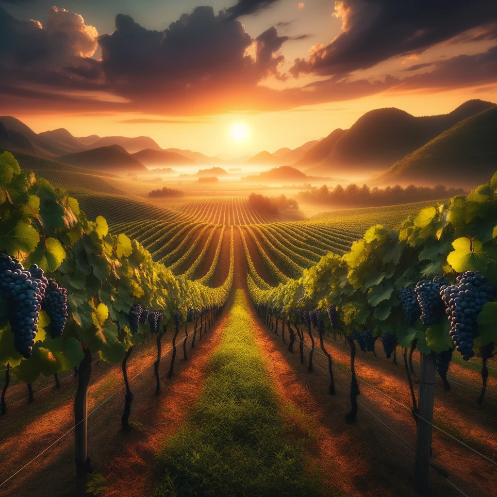 DALL·E 2023-10-19 11.16.21 - Photo of a serene vineyard at sunset, representing the primary natural source of resveratrol in grapes